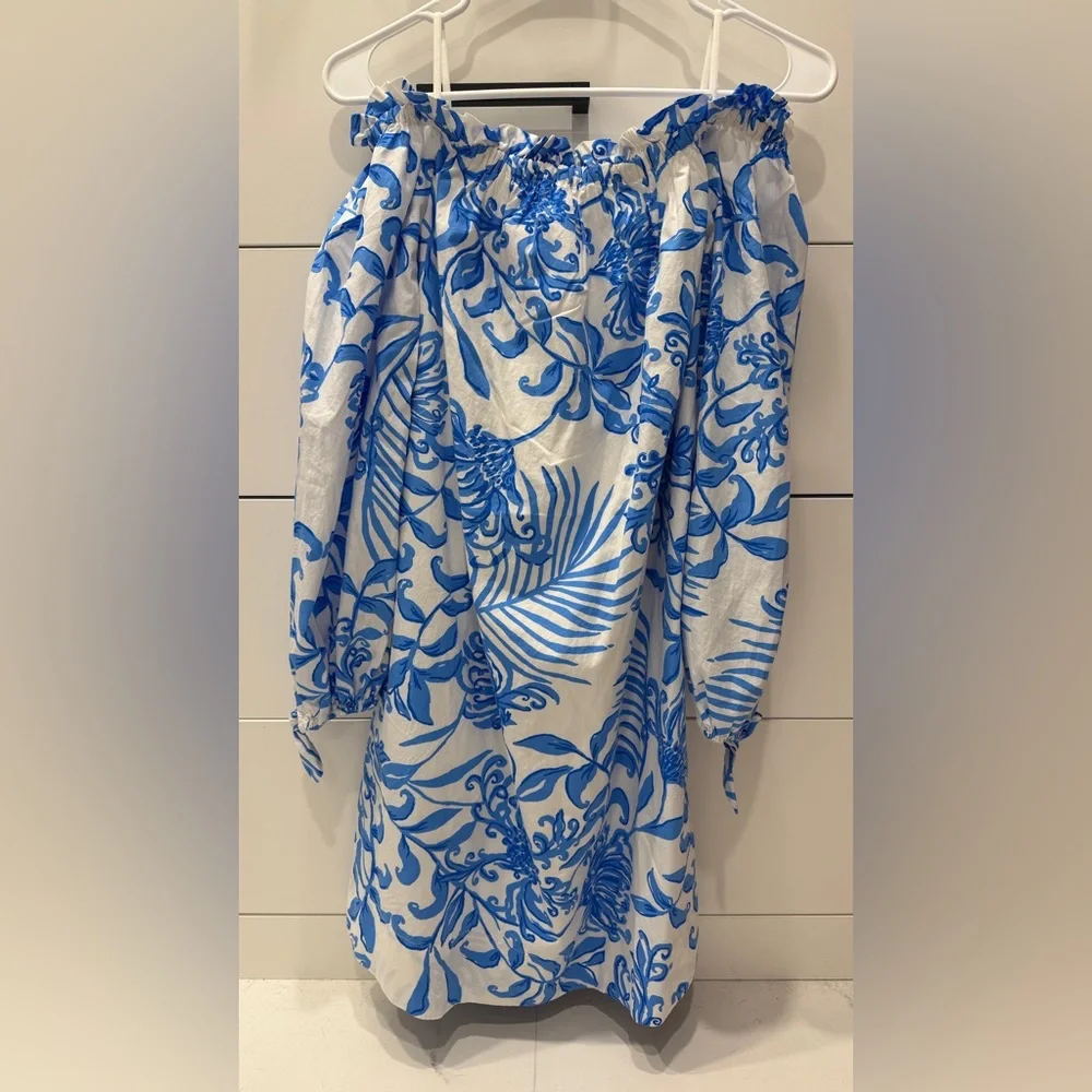 NWT Lilly Pulitzer Jamielynn Off the Shoulder Blue and White Floral Dress - Picture 4 of 6